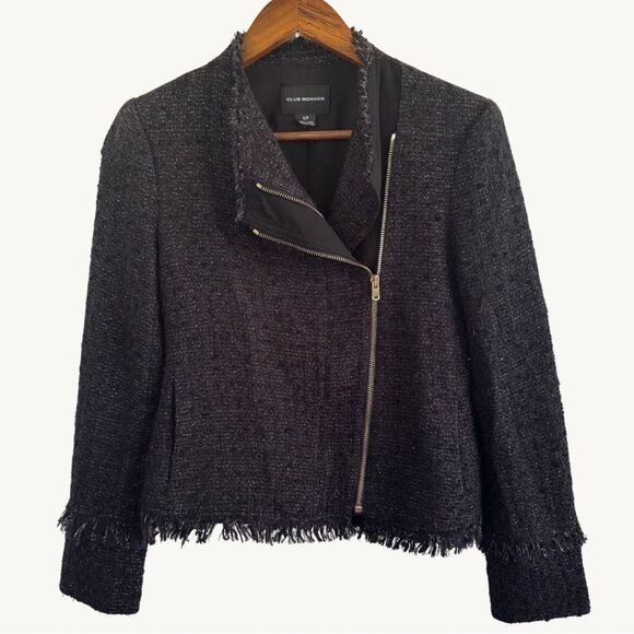Club Monaco Women's Black Sparkly Fringed Tweed Moto Jacket Zippered Size Small - Picture 1 of 8